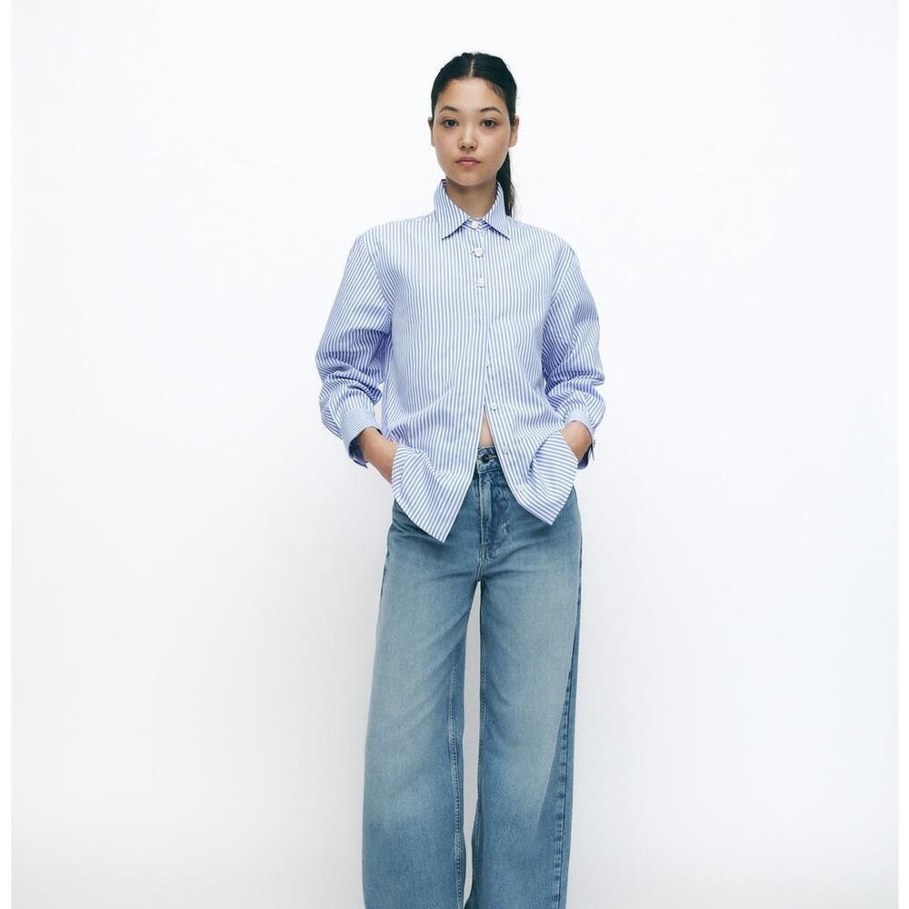 ZARA Shirt Womens Large Blue Striped Poplin Contrasting Buttons Lightweight